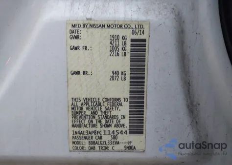 2015 Nissan Altima 2.5 S from USA, damaged, VIN 1N4AL3AP8FC114544